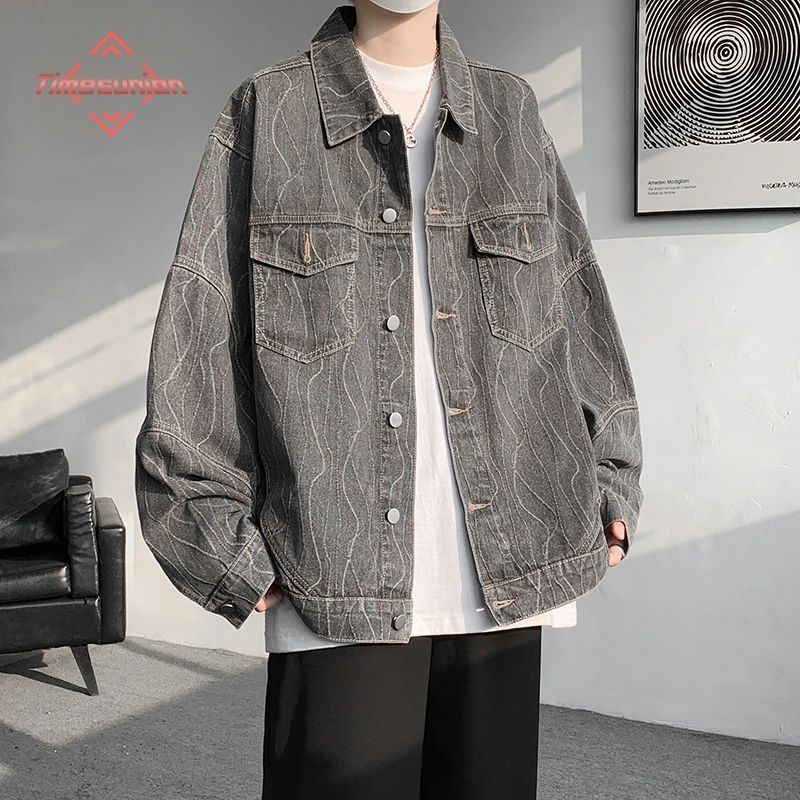 Autumn New Vintage Denim Jacket Men's Cargo Jacket Wave Jacquard Loose Lapel Top Coat Breathable Wear-resistant Plus Size 8XL