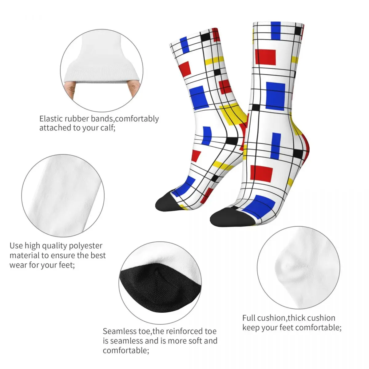 Neo-Plasticism Socks Men's Women's Casual Mondrian Abstract Geometric Art Socks High Quality Middle Tube Socks Gifts