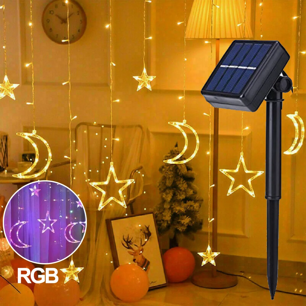 USB Solar Powered Star Moon Light 8/2 Mode LED Curtain String Light Garland Lamp for Wedding Party Christmas Holiday Decor Light