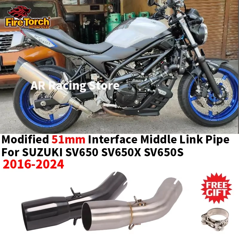 Ponteira de Escape para Motocicleta SUZUKI SV650 SV650X SV650S SV 650 2016-2024, Tubo de Ligação Central Modificado para Silenciador de 51mm