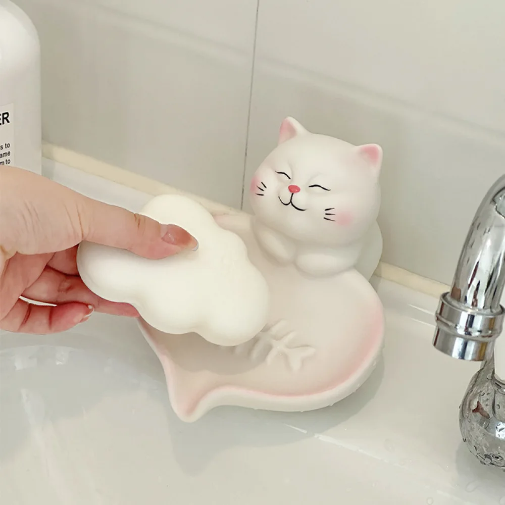 Creative Animal Soap Holder Cute Cat Dish Bathroom Draining Case Soapbox Decorative Countertop Storage Organizer Home Accessory