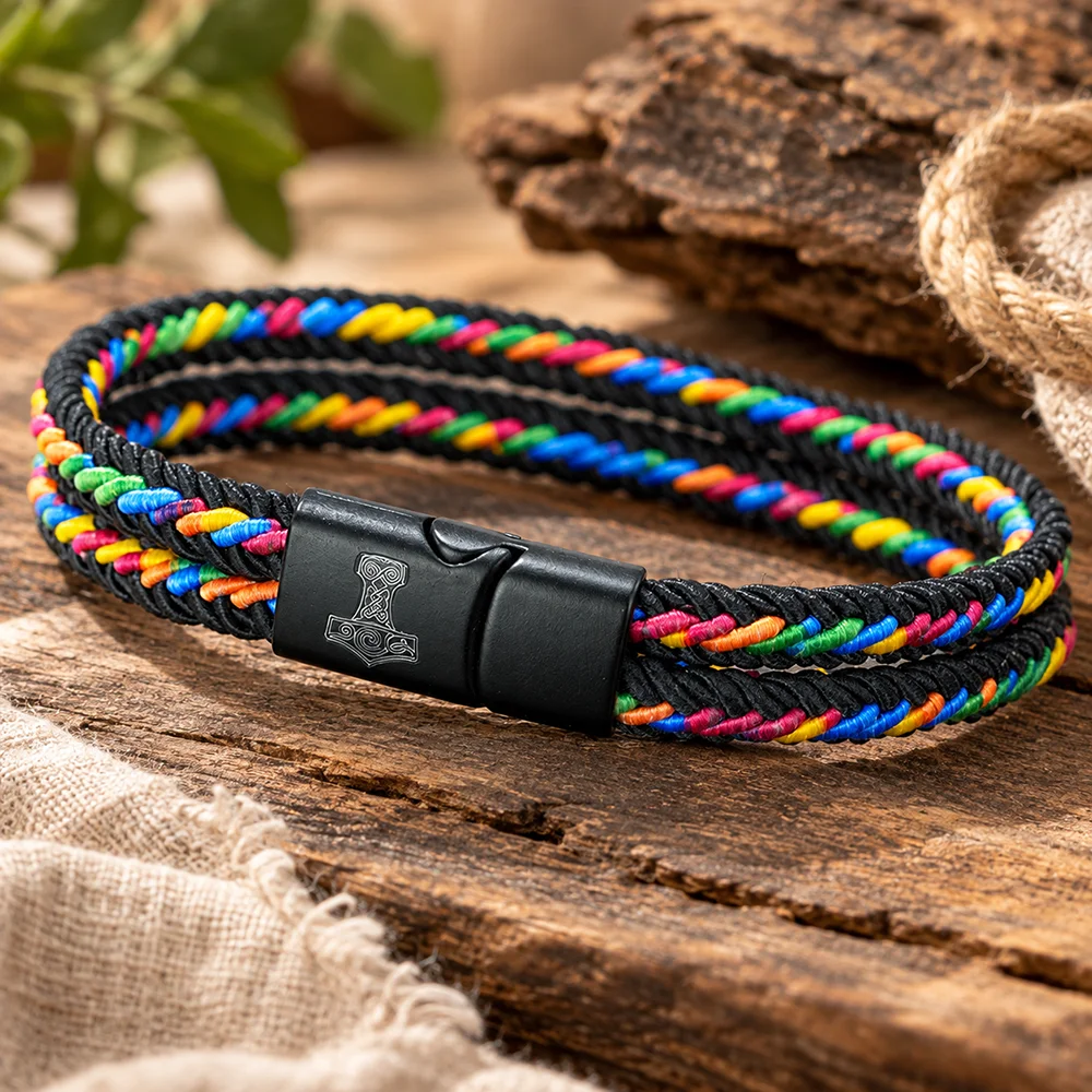 Trendy Ethnic Braided Rope Bracelet Unisex Handmade Bilayer Thread Axe Pattern Magnetic Clasp Braslet Leisure Couple Gift Joias