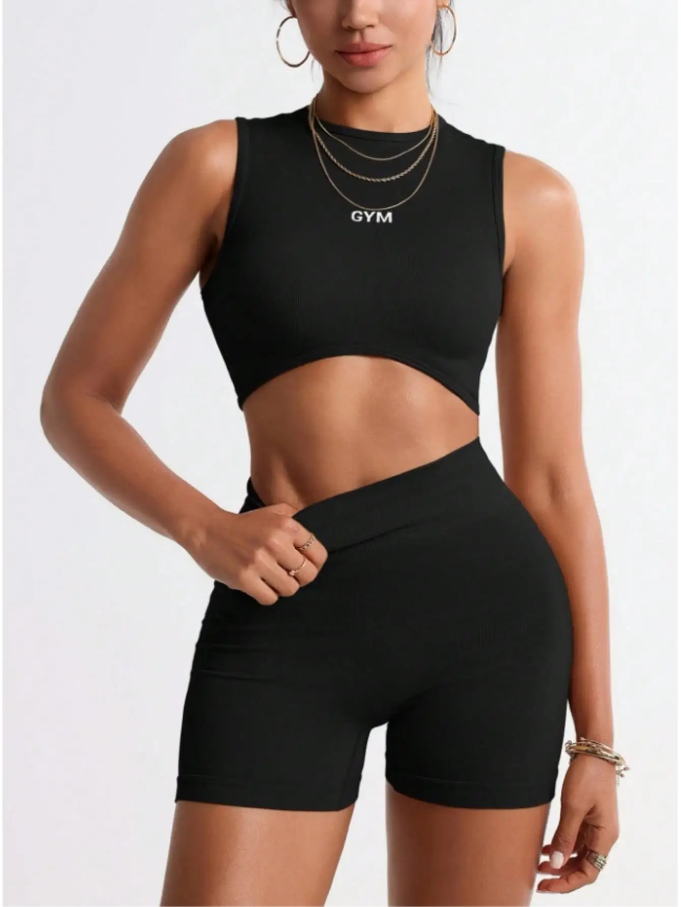 Women's 2 Piece Workout Sets Letter Print Crop Tank Top and High Waisted Biker Shorts Gym Outfits