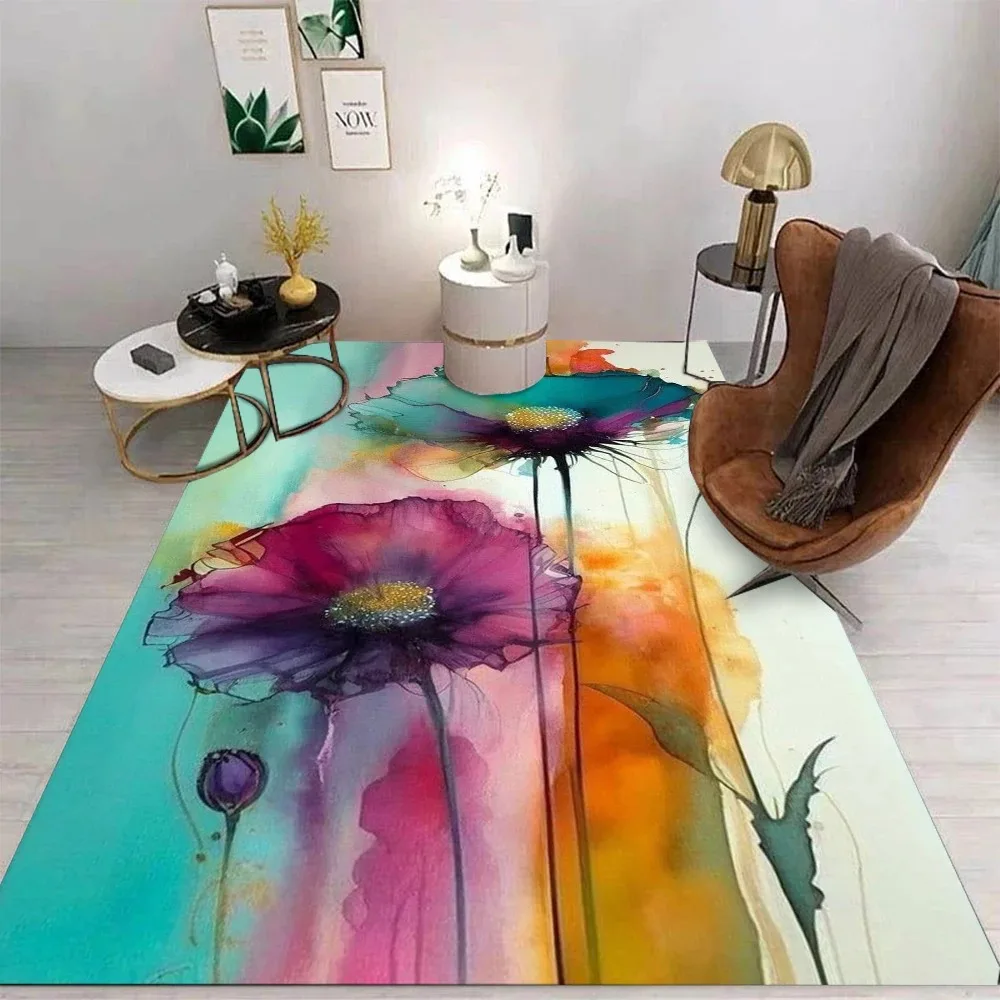 Floral Art Carpet With Luxury Blue Flower Lotus Golden Branch Rose Watercolor Flowers Abstract Designs Rug For Home Decor