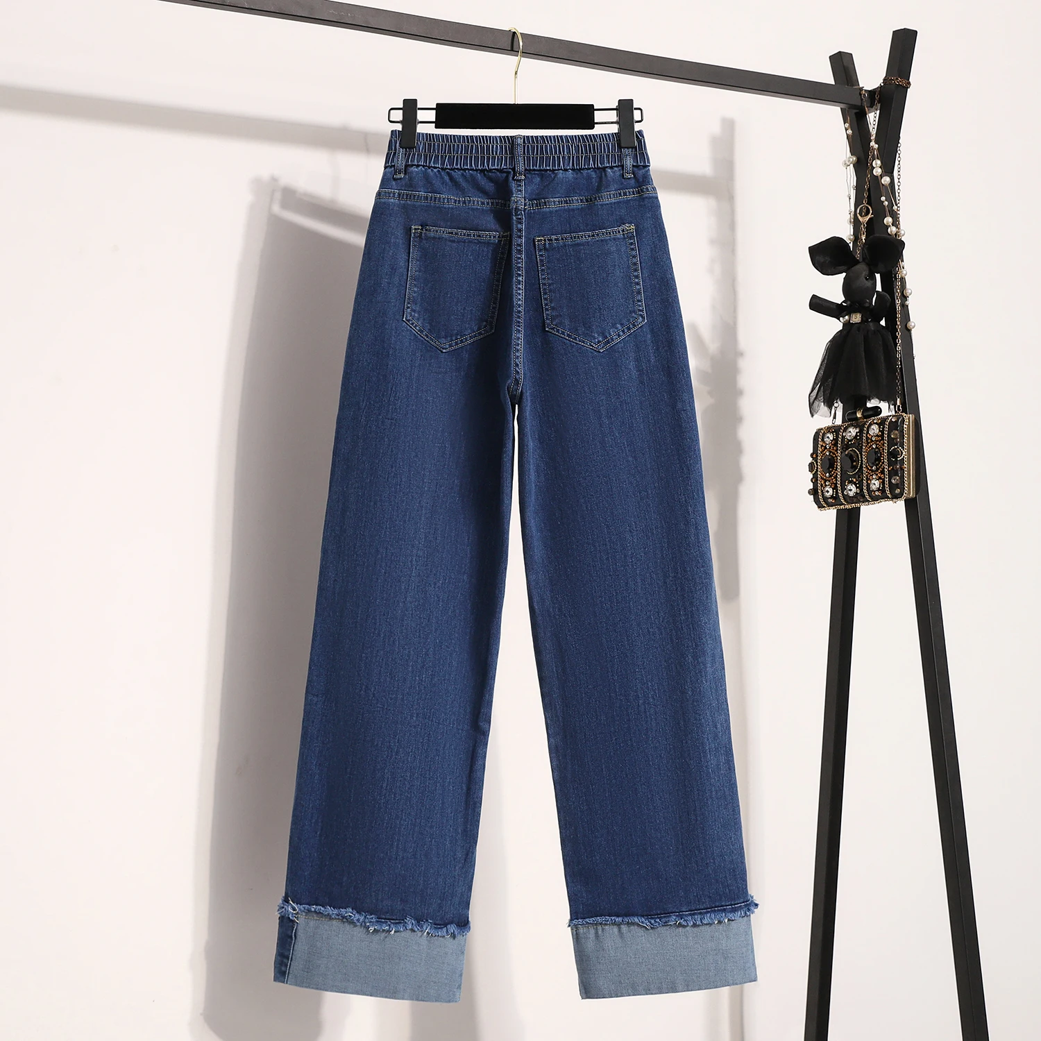 Jeans a gamba larga a vita alta taglie forti Vestibilità ampia Dimagrante Elastico Lunghezza pavimento Pantaloni lunghi blu Faionable Denim da donna