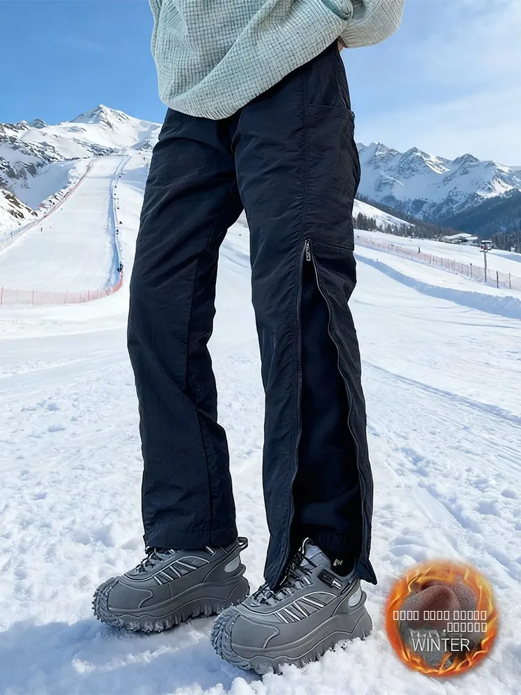 

Men's Fce Lined Thiened Winter Ski Pants Zipper Straight Leg Casual Trousers Polyester Fiber Autumn Winter Wear Resistant