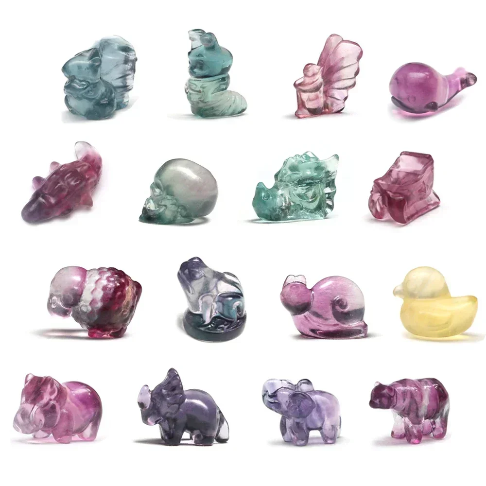 

Mineraali Random 10PCS Natural Rainbow Fluorite Stones Tiny Animals Butterfly Dragon Head Snail Shell Carved for Christmas Gifts