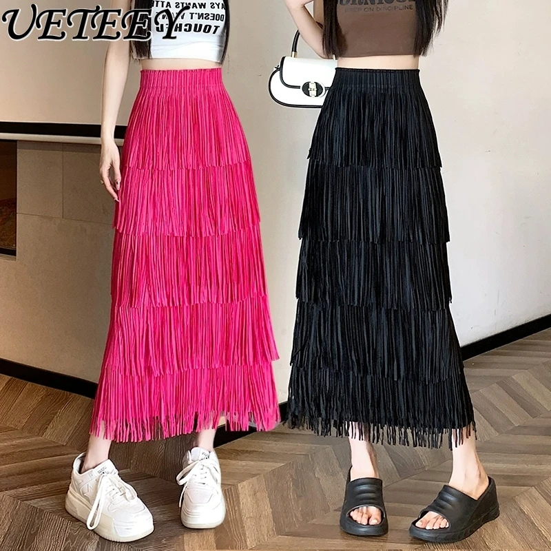 

Fashion Rose Red All-matching Cake Skirt Women's Summer Elastic Waist Design High Waisted Slimming A- Line Tassel Long Skirts