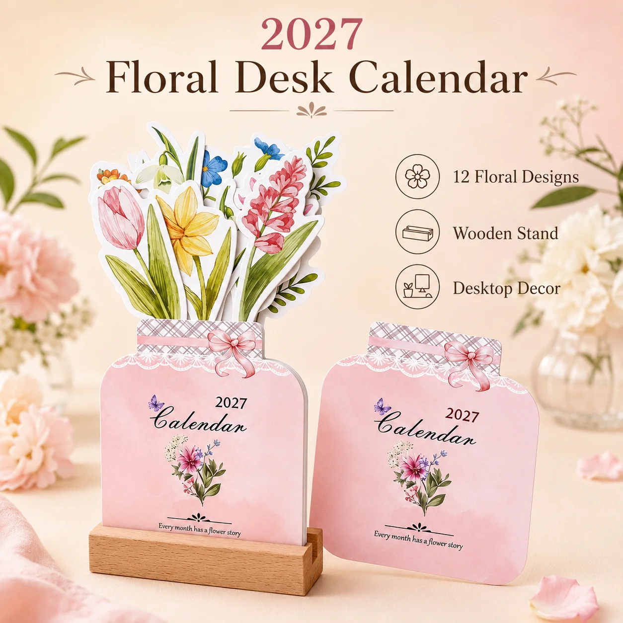 2027 Flower Desk Calendar 12 Month Desktop Calendar with Wooden Holder Cute Floral Planner Calendar for Home Office Table Decora