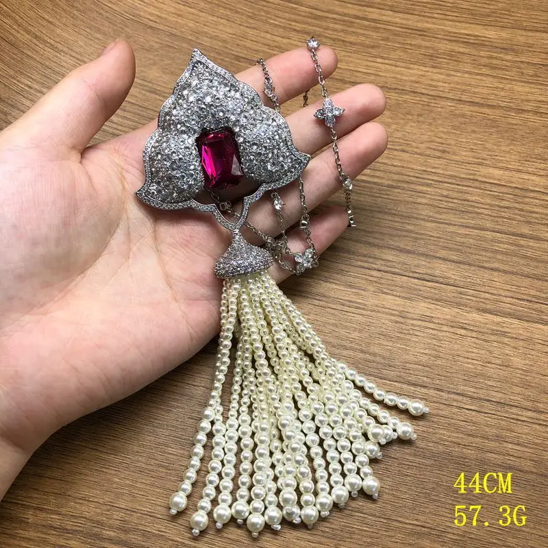 copper material inlaid zircon versatile necklace brooch detachable pendant jewelry pearl tassel