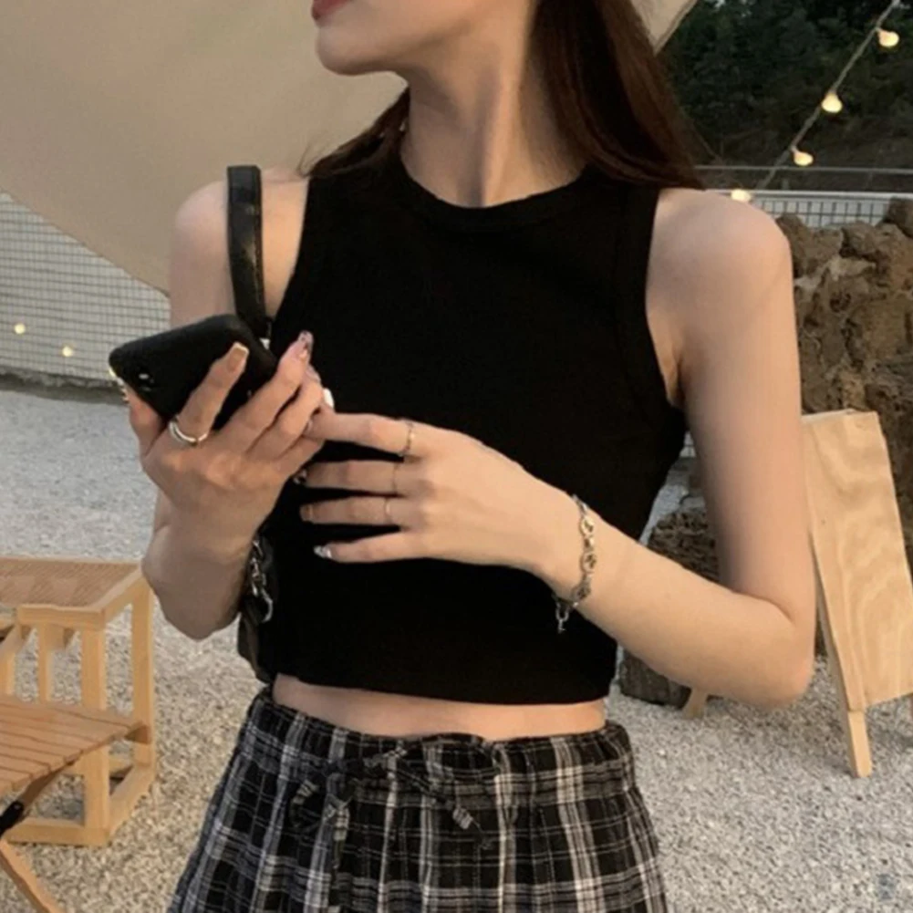 Women Summer Solid O Neck Sleeveless Vest Fashion Basic All-match Crop Tank Top Casual Holiday Vacation Wear Ladies Clothing
