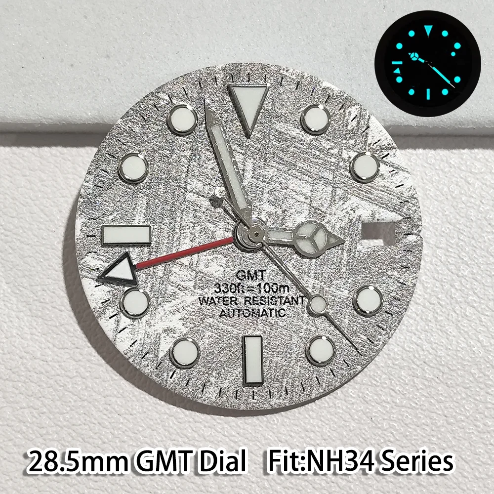 GMT 28.5MM Dial And Pointer Suitable for NH 34 Movement C3 Luminous Blue Green Watche Accessories Meteorite Texture Dials Parts