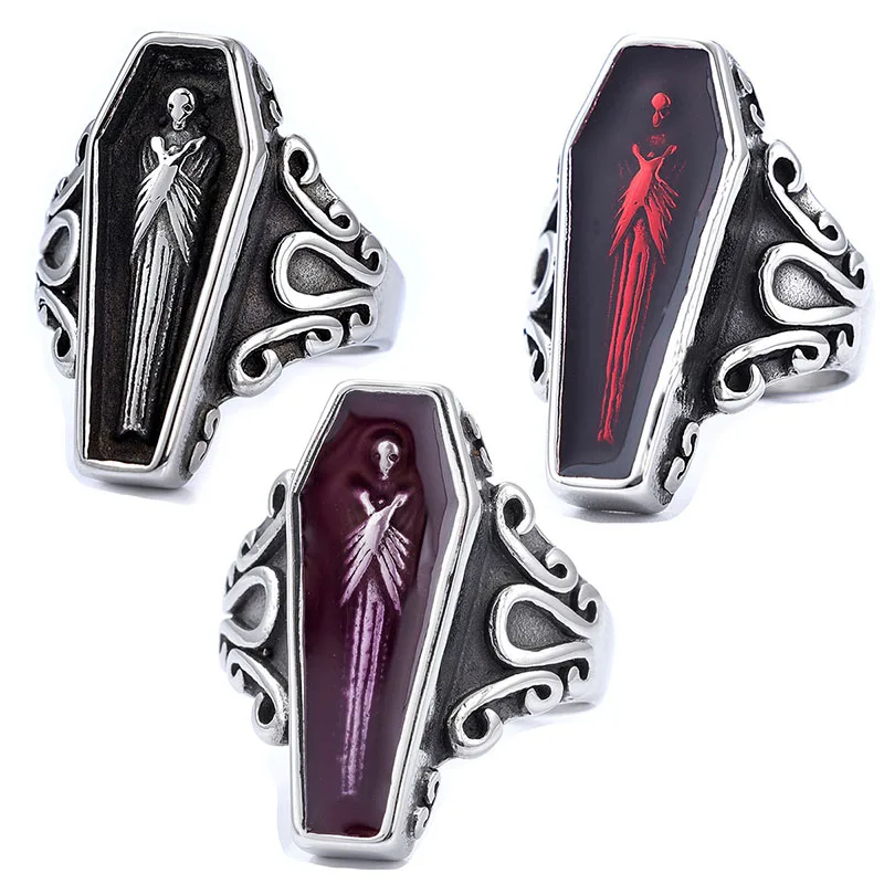 Gothic Coffin Rings for Men Women Halloween Vampire Ring Adjustable Size