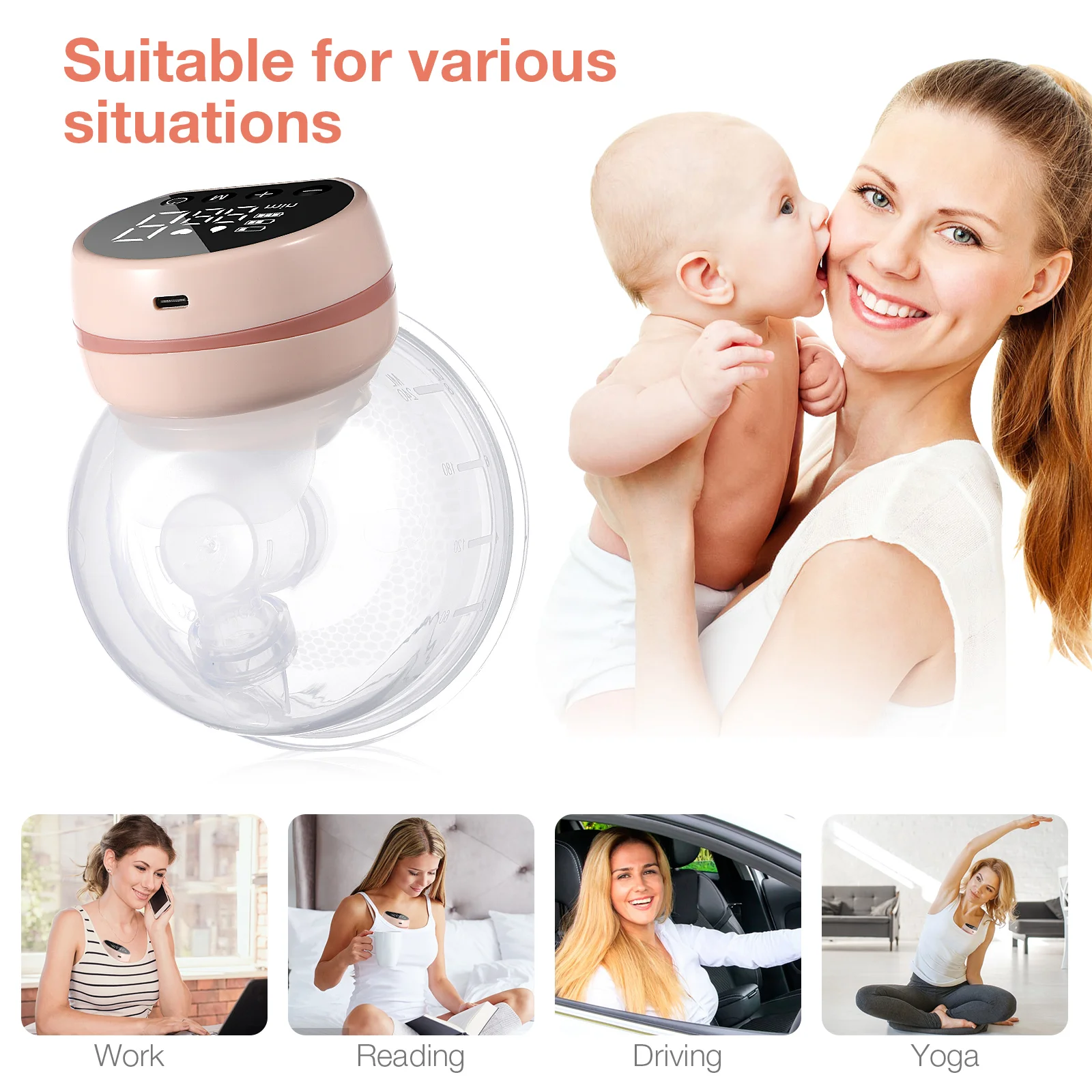 Pink Electric Breast Pump Baby Milk Pumping Machine Wearable Suction Mute Hands-free