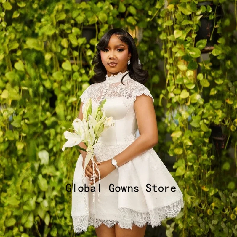 Civil Lace Wedding Dresses Applique Short Sleeve Mini Wedding Reception Dress Button A-Line Tulle Bride Party Gowns Customized