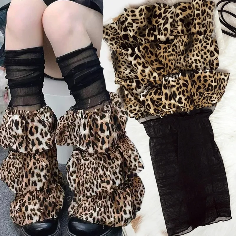 

Vintgae Leopard Print Ruched Leg Cover Lolita Gothic Stockings Leg Socks Girls Japanese Subculture Through Mesh Lace Leg Warmer