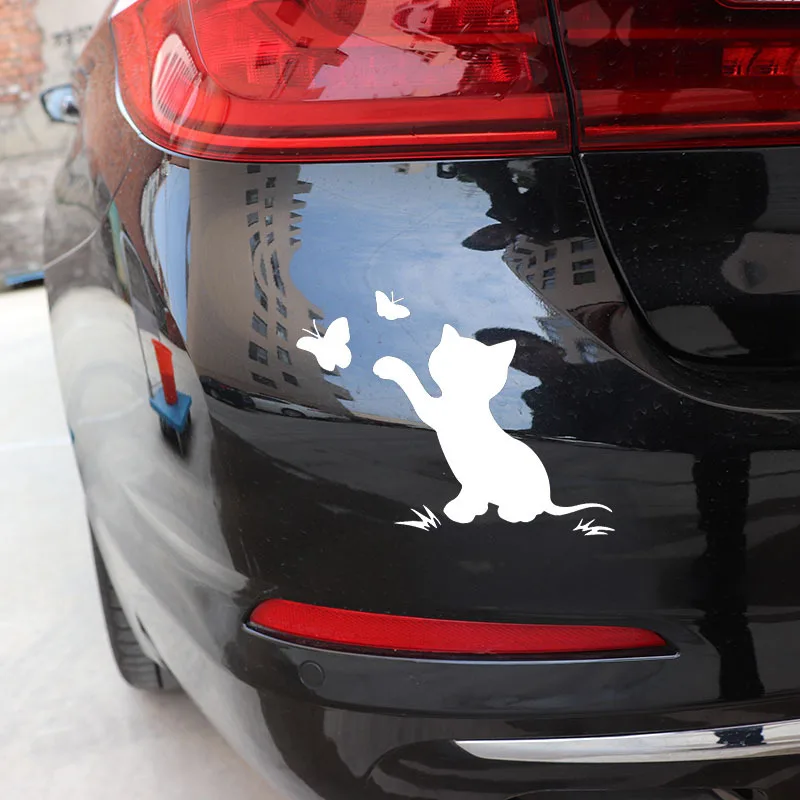 x1 Cat Beats Butterfly Super Cute Car Reflective Sticker Cartoon Scratch Stickers Bumper Animal Window Decal Exterior Decoration
