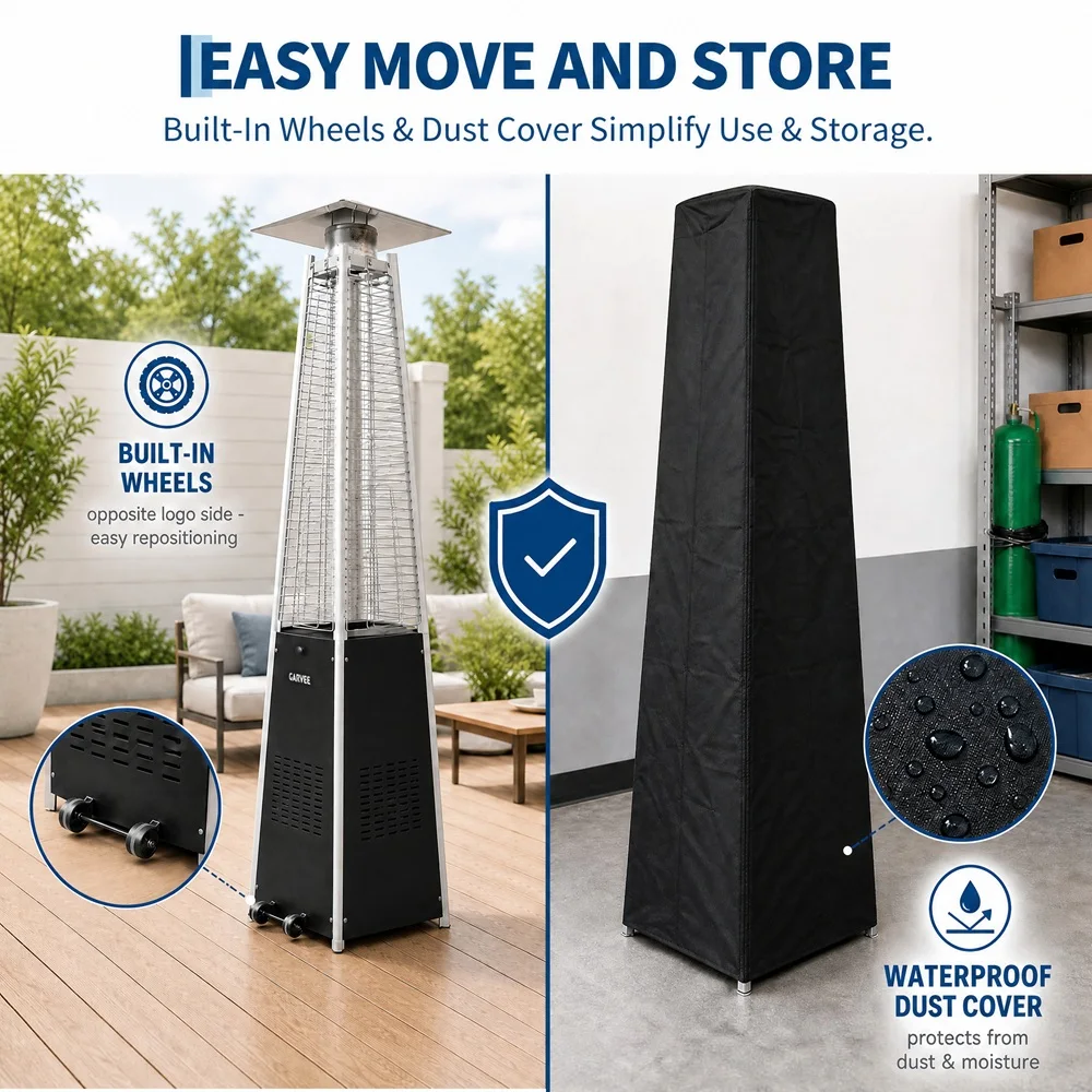 48K BTU Pyramid Propane Patio Heater with Wheels, Waterproof Cover & Battery Ignition – Adjustable Outdoor Space Heater for Deck, Porch, Backyard – Brown