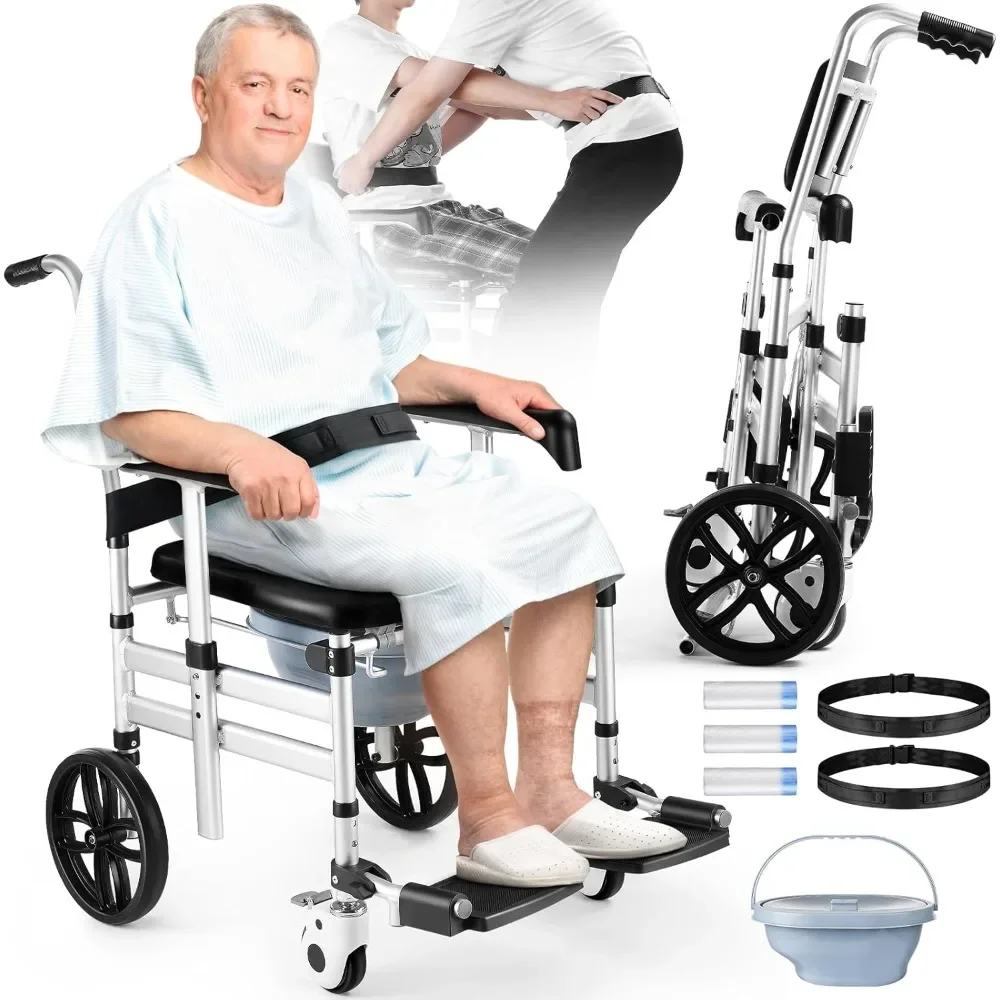 Shower Chair with Wheels  Folding Shower Wheel Transport Chair  Commode Rolling Bath Chair for Handicap  Elderly & Injured