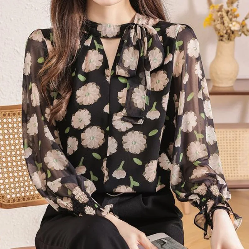 Floral Long Sleeve Chiffon Shirt Tops Spring Summer New Hollow Out Lacing Loose Temperament Blouse Fashion Elegant Women Clothes