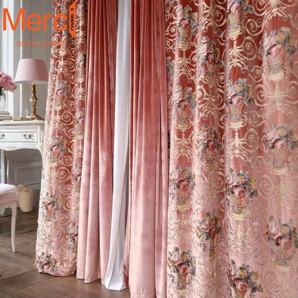 

American French Luxury Curtains For Villa Bedroom Velvet Embroidery Rococo Red High-end Thickened European Palace Style Custom
