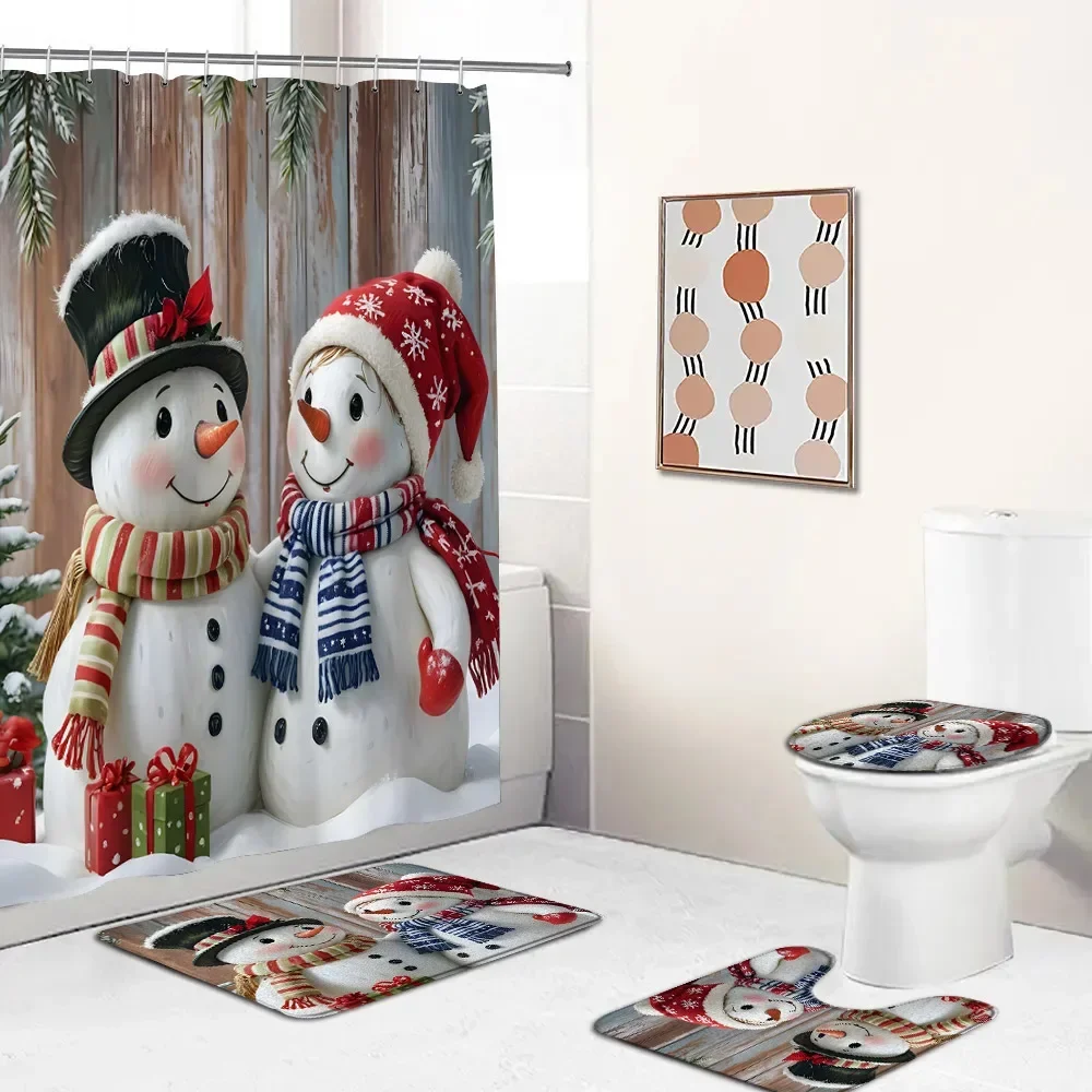 Christmas Snowman Shower Curtain Set Red Truck Merry Christmas Happy New Year Winter Snow Landscape Bath Mat Toilet Lid Cover