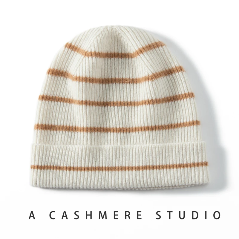 

High Quality 100% Cashmere Hat Autumn/Winter New Women's Hat Fashion Striped Knitted Warm Hat Casual Soft Hat Ear Protection Hat