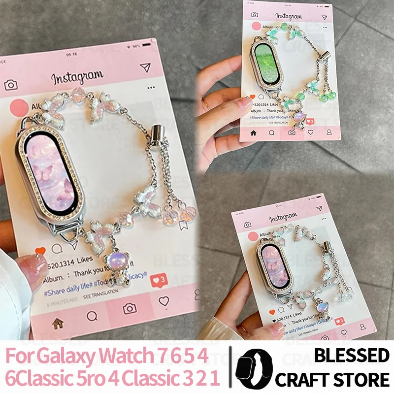 Kawaii Beaded Butterfly Bracelet for Samsung Galaxy Watch7 6Classic 5 FE Bear Crystal Replacement Band for Garmin Venu 32 Ladies
