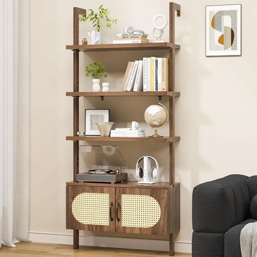 

Industrial Bookshel Ladder, Heavy Duty Rustic Brown Bookcase with 1" Thick Shelves, 5-Tier Open Wall Mount Storage Cabinet, 72"
