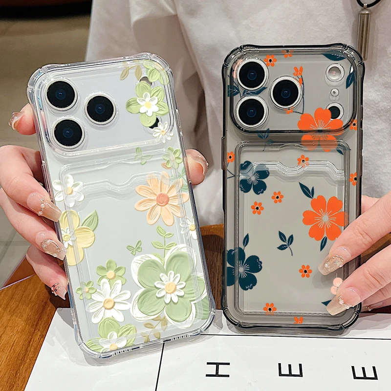 Funda Transparente con Bolsillo para Tarjetas para iPhone 17e 17 Pro Max 16 15 14 13 Pro Max 16e 11, Diseño de Flores de Dibujos Animados, Cubierta de Silicona Suave