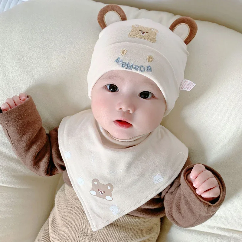 2pcs/Set Bear Baby Beanie Hat Scarf Set Cotton Newborn Hats for Girls Boys Baby Cap Cartoon Infant Toddler Bonnet Hats