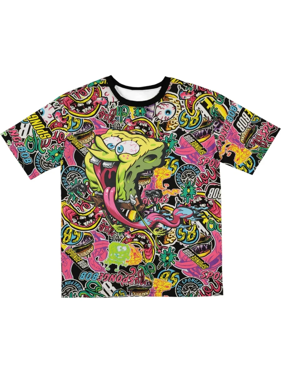 Adult and Kids SpongeBob 3D All-Over Print American Retro Whimsical Graffiti Loose Fit Couple Parent-Child T-Shirt