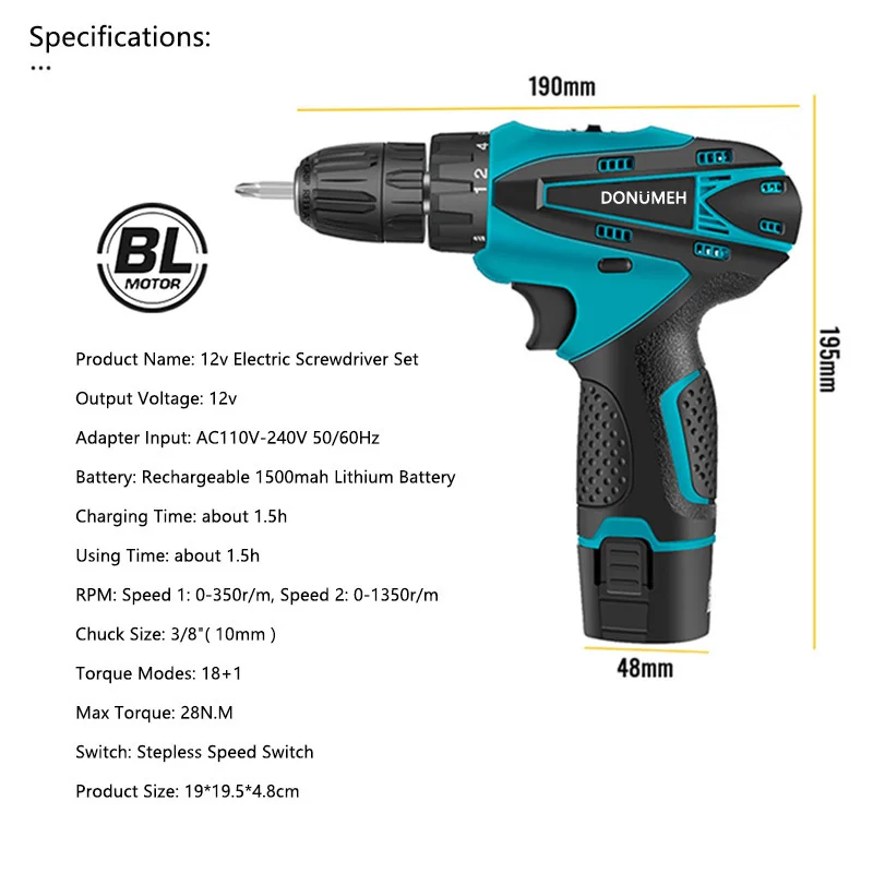 DONUMEH 12V Cordless Drill Electric Screwdriver Brushless Rechargeable li-ion Battery Two-Speed Torque 18+1 Driver Power Tools