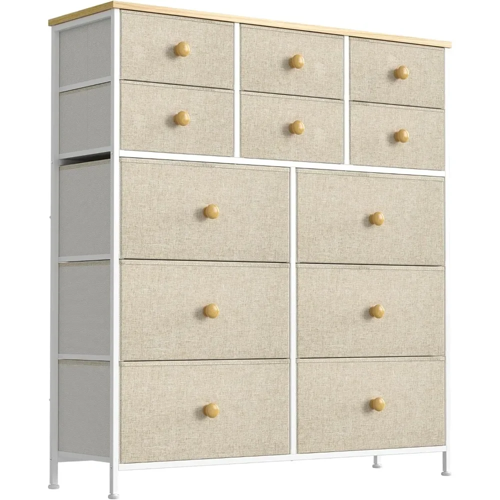 

12 Drawer Dresser for Bedroom Chest of Drawers Closets Storage Units Organizer Large Capacity Steel Frame Wooden Top (Taupe)