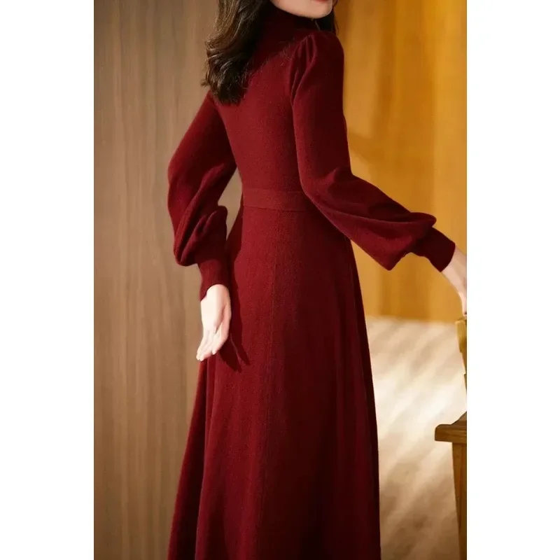 Korean Elegant Turtleneck Knitted Long Dress Lantern Sleeved Lace Up High Waist Straight Commuting Casual Winer Dresses Women