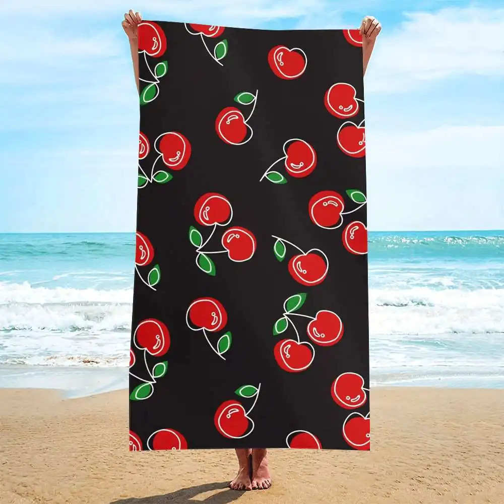 Black Background Cherry Pattern Beach Towel, Ultra Fine Fiber Quick Dry Strong Wrap Design Soft Absorbent for Beach Pool Use