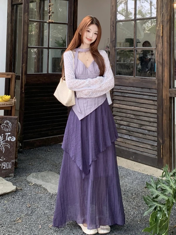 

plus Size Summer Outfit Pastel Purple Open Cardigan Strap Halter Skirt Set Korean Style Loose Fit Long Sleeve V Neck a Line S...