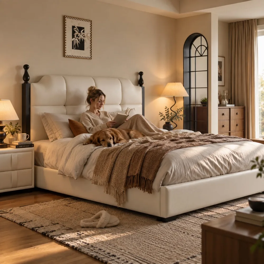Retro Mid‑Century Genuine Leather Double Bed, Tall Upholstered Headboard, Sliding Storage Box Bed for Master Bedroom
