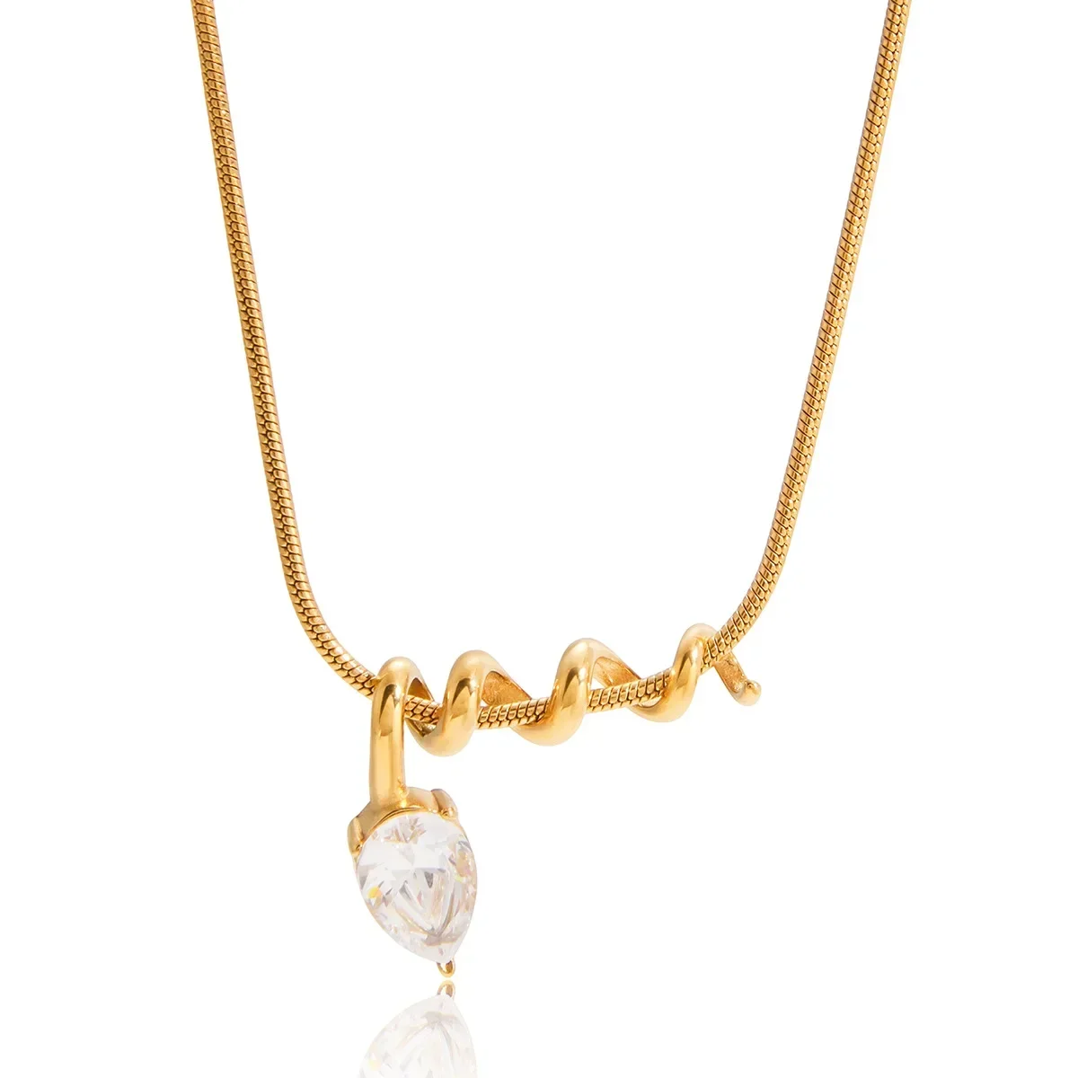 Teardrop Spiral Pendant Necklace for Women  18K Gold Plated Stainless Steel with Zircon, Elegant Dainty Gift for Her