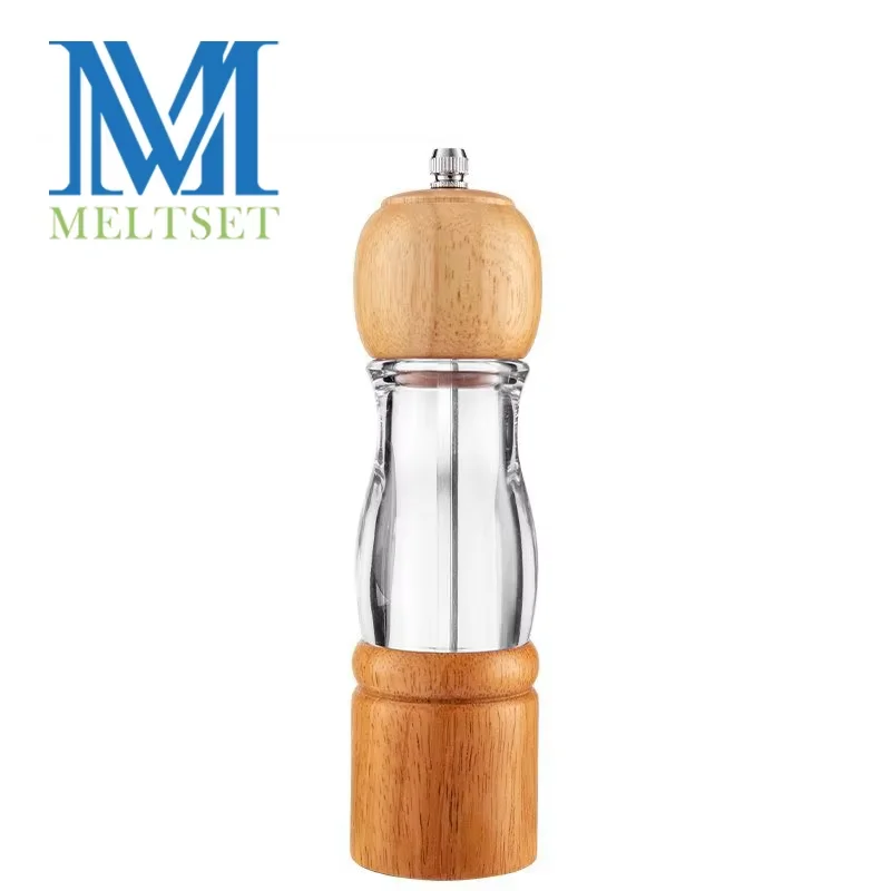Meltset M Wooden Salt and Pepper Grinder Adjustable Ceramic Core Glass Spice Mill Kitchen Spice Grinder with Base Tray