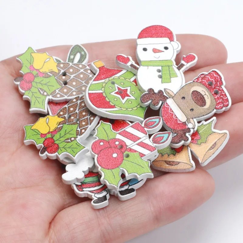 20pcs Xmas Wooden Buttons Wood Christmas Decorative Button For Clothing Craft Supplies DIY Scrapbooking Sewing Accessories