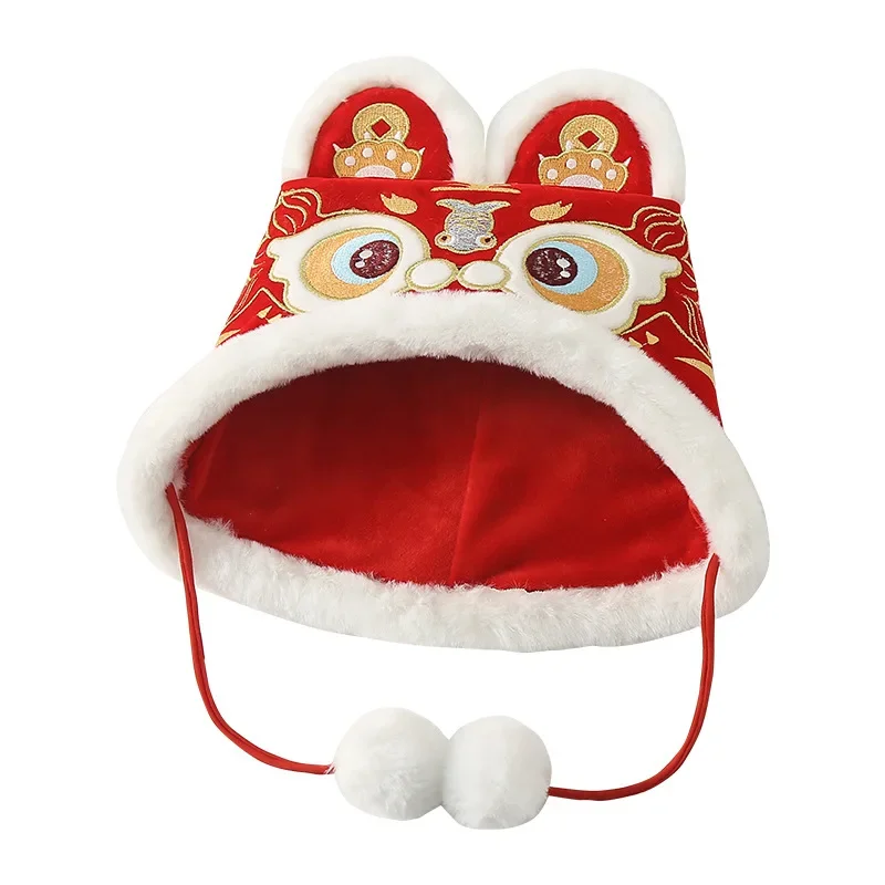 Children\'s Chinese Style Embroidered Tiger Head Hat Baby Plus Velvet Thickened New Year Tiger Hat Cartoon Hat