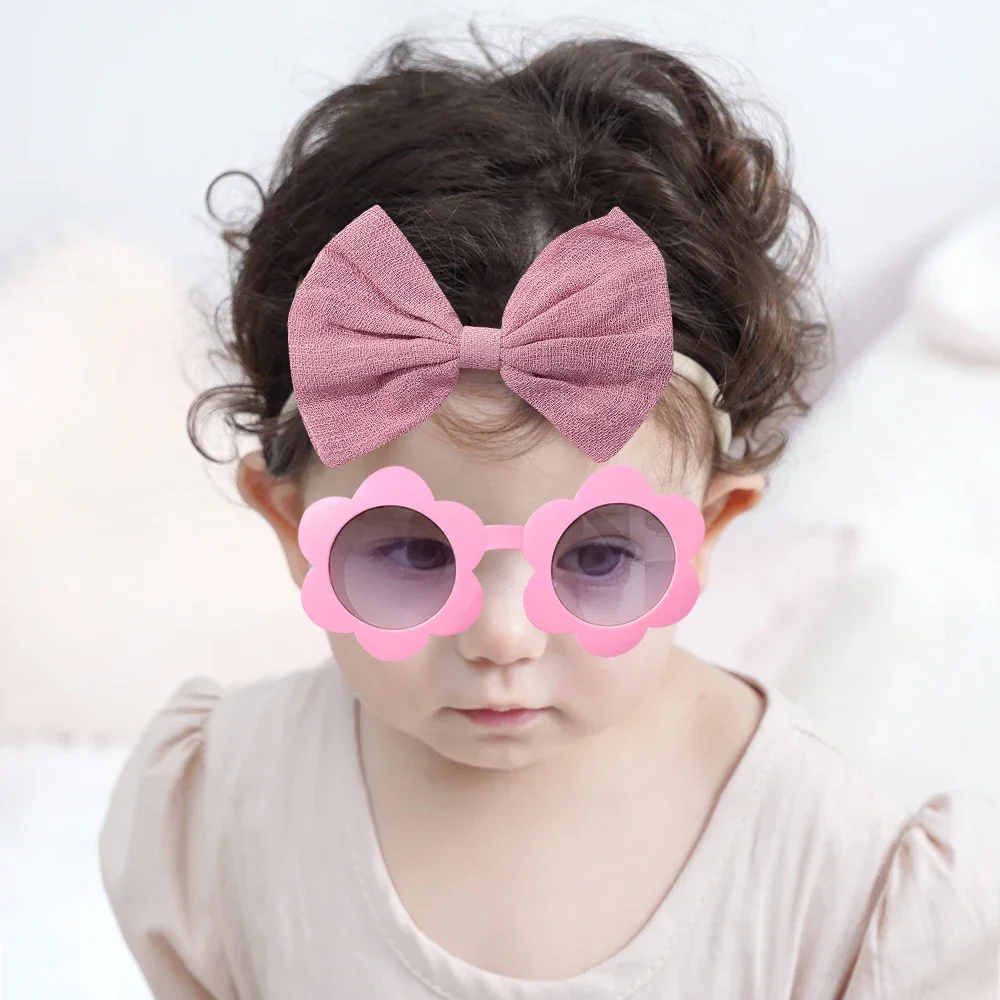 2 Pcs/Set New Children Solid Color Cotton Bowknot Hairband Round Sunglasses Set Baby Girls Sunglasses Kids Hair Accessories