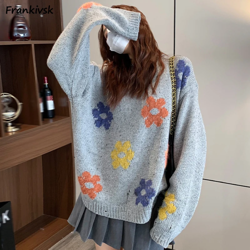 

Jacquard Sweaters Women Loose O-neck Stretchy Sweet Daily Japanese Style Office Lady M-2XL Slouchy Temperament Elegant Tender