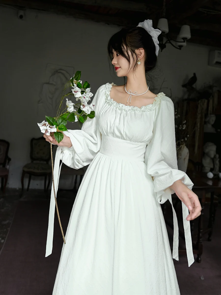 TIYIHAILEY ربيع الخريف النساء فستان كامل فانوس كم طويل ماكسي السيدات S-XL خمر عالية الخصر 2025 فستان أبيض جديد الدانتيل يصل