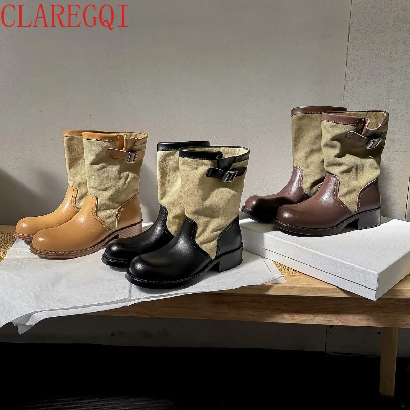 womens fall boots Vintage belt buckle round head mid calf boots for women Fashion  Pile up womens western boots Cosy Short style