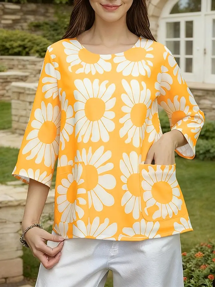 

ZANZEA 2025 Autumn Floral Printed Blouses Women Vintage 3/4 Sleeve Tops Elegant O Neck Blusas 2025 Casual Loose Pockets Tunics