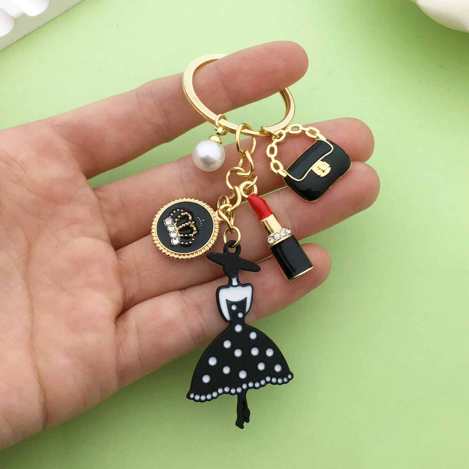 سلسلة مفاتيح معدنية عصرية من المينا للنساء ، حقيبة صغيرة ، أحمر شفاه ، خاتم مفتاح تاج ، هدية مجوهرات للفتيات ، 1 ≥ #5