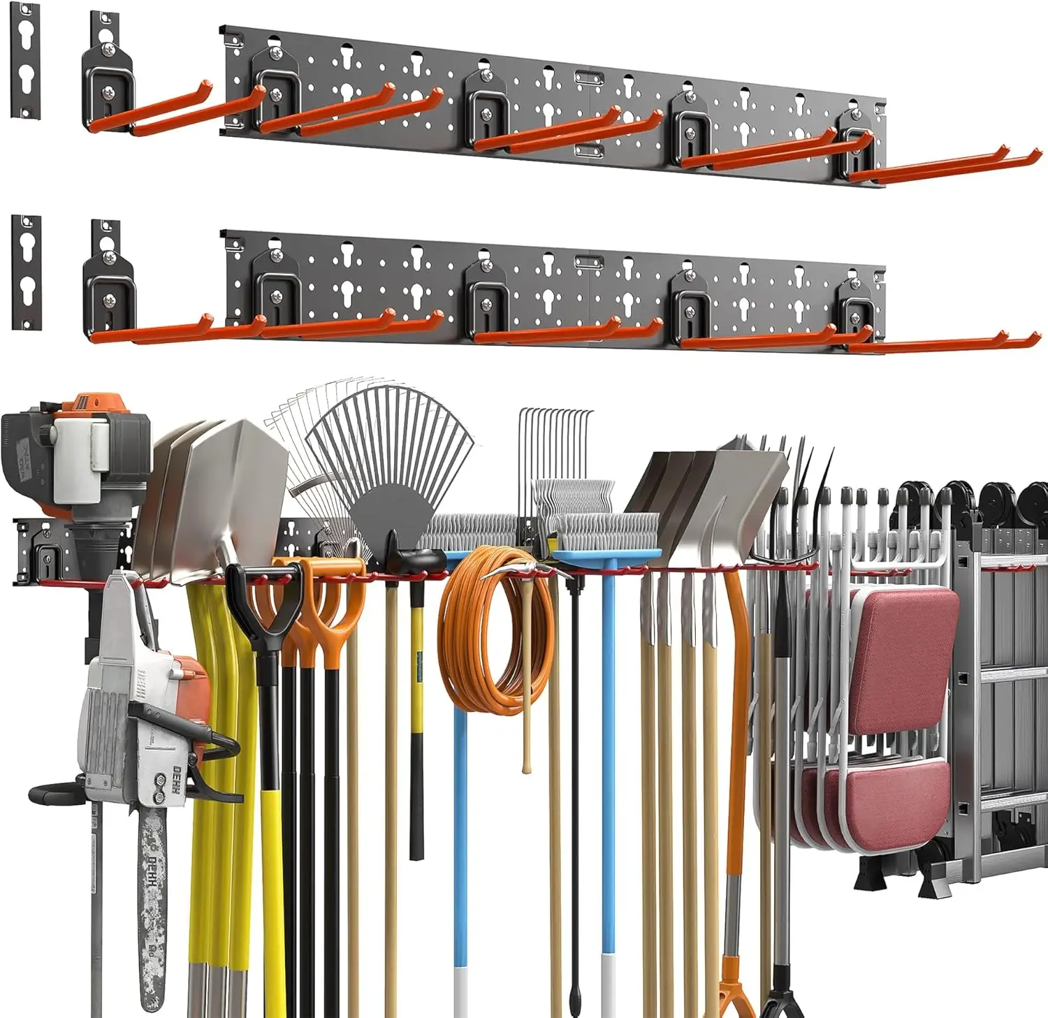 Garden Tool Organizer Wall Mount, Garage Folding Chair Storage Rack, Tools Rack for Shovels, Rakes, Broom, Ladders, Hook