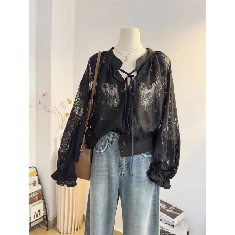 

Women'S black Lace Blouse French Shirt Hollow-Out Pattern Autumn Women'S Clothing Lace-Up Elegant Women'S Shirt Long Sleeves Top